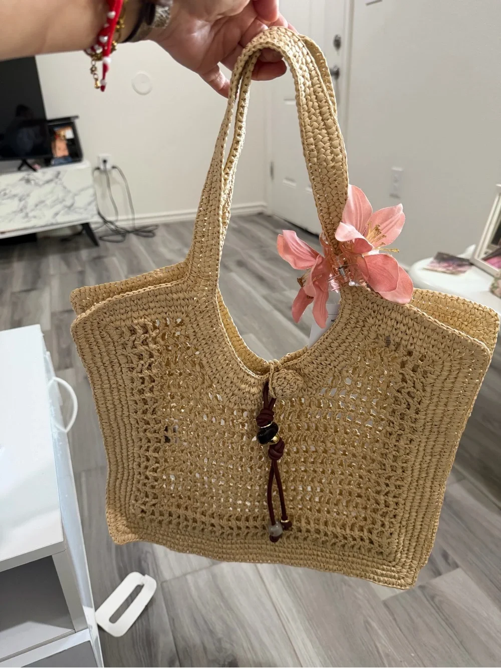 H&M Natural Straw Tote with Pink Floral Accent